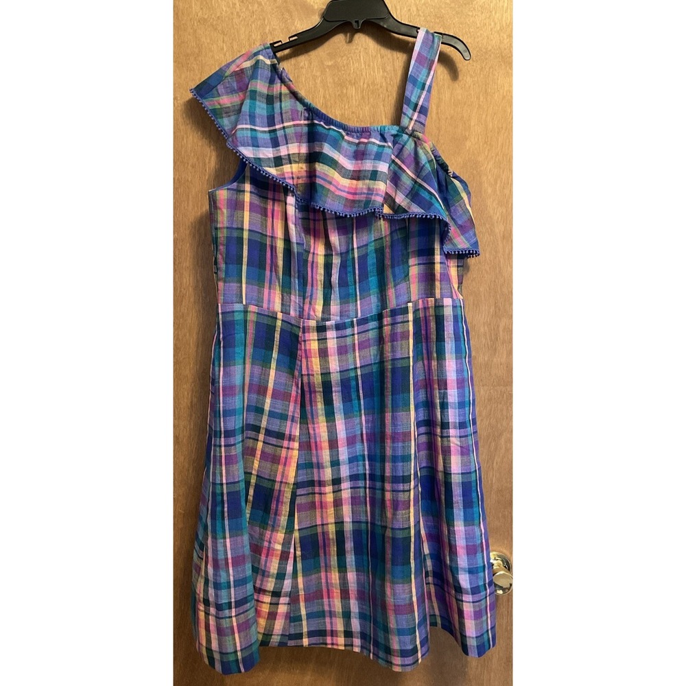 Isaac Mizrahi Live Womens One-Shoulder Plaid Blue Pink Dress Size 18W Plus NWOT